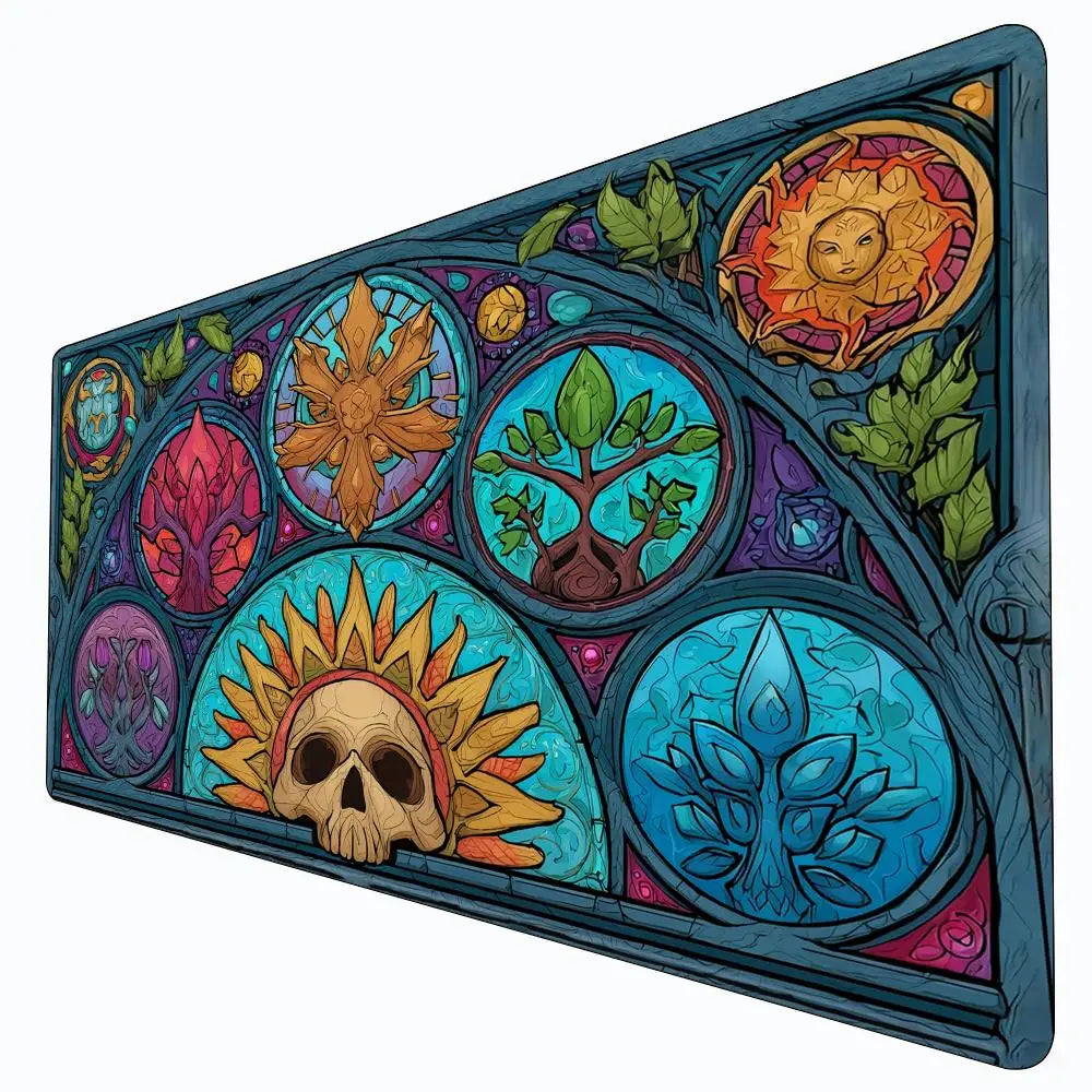 tapis jeu cartes artiste vitrail crâne fleurs feuilles symboles bleu vert orange rose noir