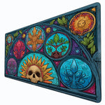tapis jeu cartes artiste vitrail crâne fleurs feuilles symboles bleu vert orange rose noir
