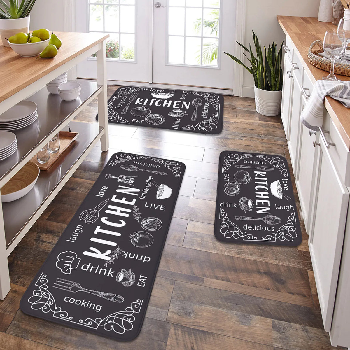 tapis cuisine absorbant antidérapant polyester moderne motif texte cuillères fourchets verres noir blanc