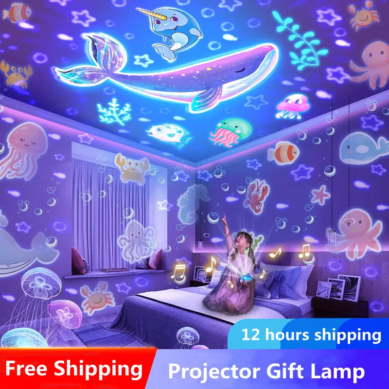 projecteur veilleuse deco marine lumiere chambre enfant étoiles poissons sirènes bluetooth rechargeable led