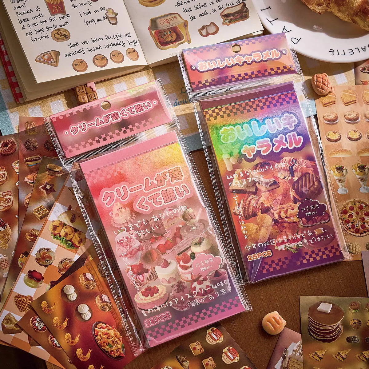 stickers alimentaires illustratifs cartoon gâteaux crèmes glacées hamburgers couleurs variées opaques scrapbooking journal intime