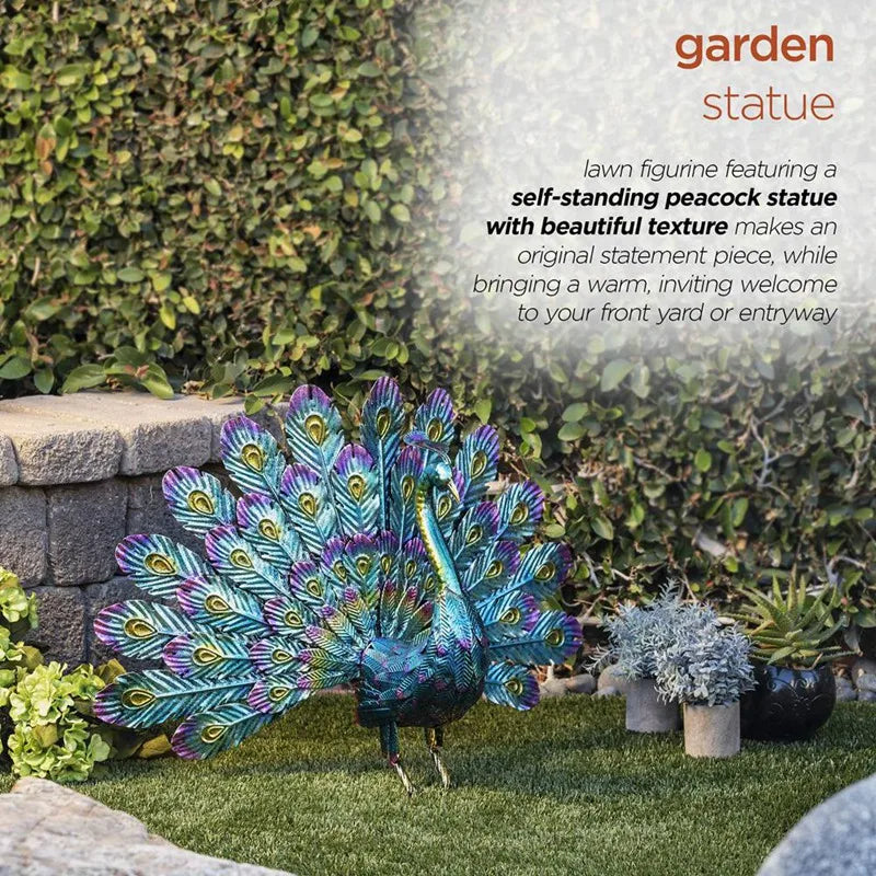 statue paon extérieur métal bleu vert jaune violet turquois plumes texturées réaliste jardin patio
