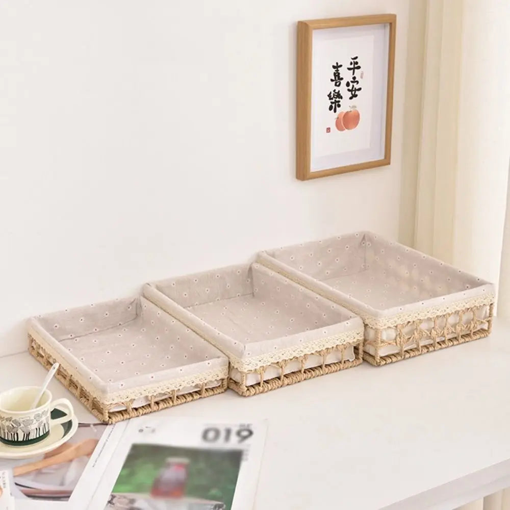 paniers rangement rustique tissu motif géométrique beige gris marron opacité crocheté multifonctionnels