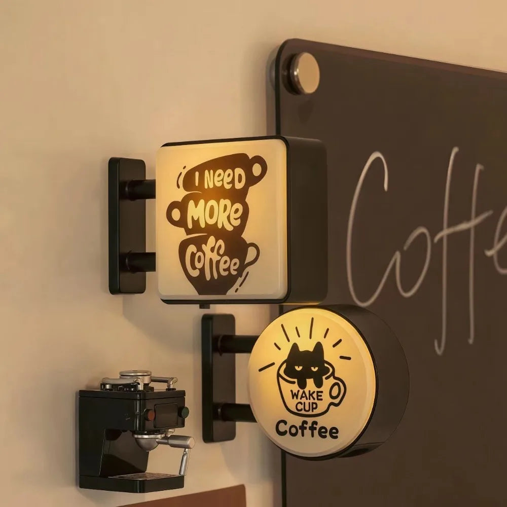 plaque lumineuse aimantée tasse chat texte humoristique vintage need more coffee wake cup blanc