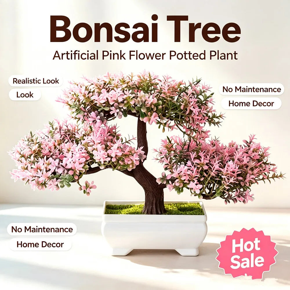 bonsaï artificiel vert rose violet orange feuilles fines tronc épais pot blanc mousse verteextérieur