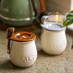 pots sel sucre céramique vintage embossé rouille crème cuillères bois fixées ensemble rustic farmhouse