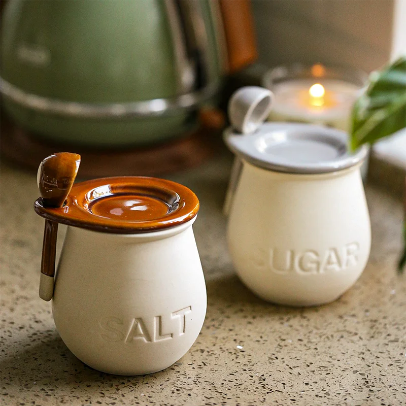 pots sel sucre céramique vintage embossé rouille crème cuillères bois fixées ensemble rustic farmhouse