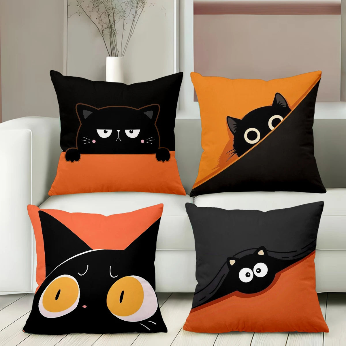 coussin décoratif chat noir orange cartoon oreille blanche 45x45cm lit canapé chambre voiture