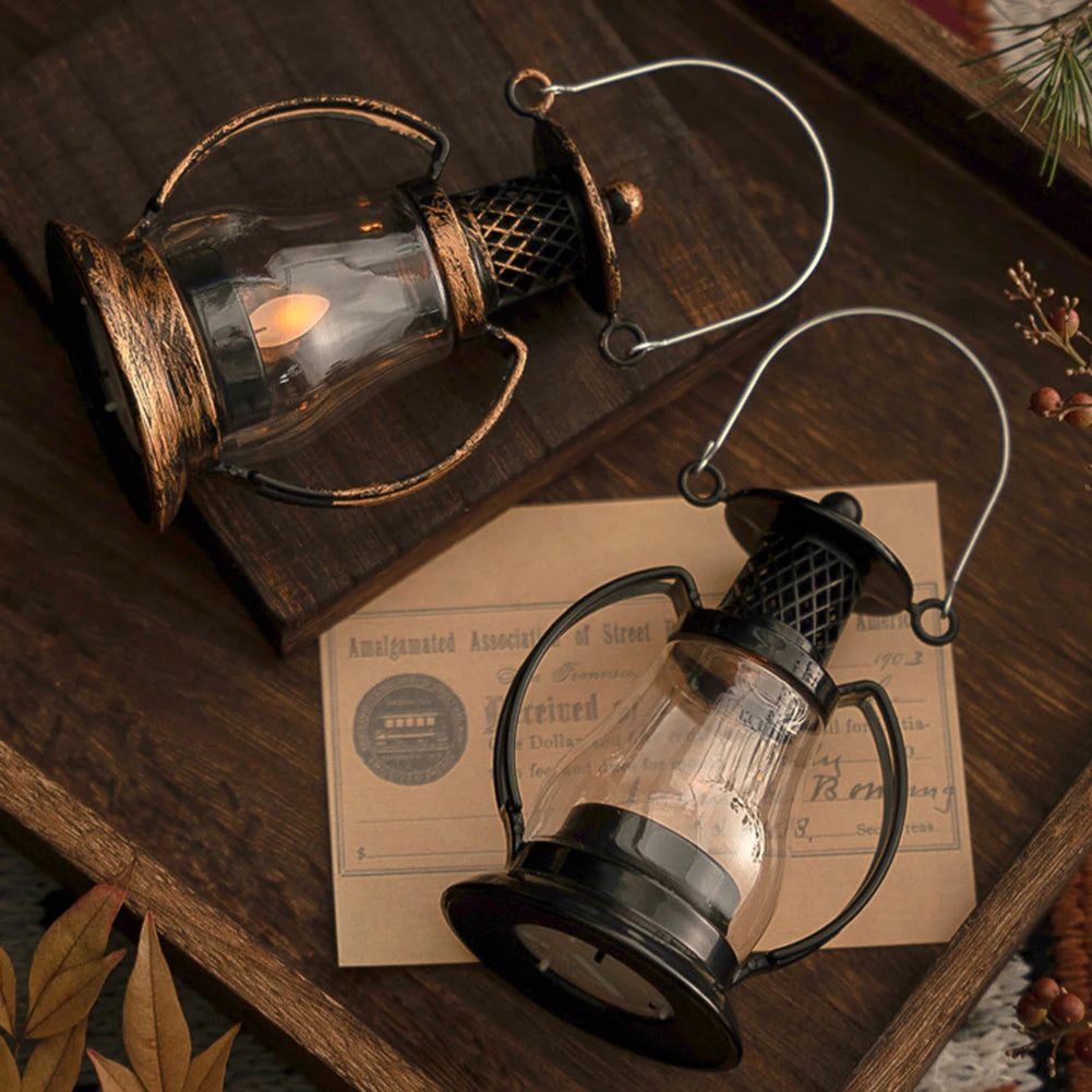 lanterne portable vintage noir doré bougie led verre transparent anneaux métalliques intérieur jardin nocturne