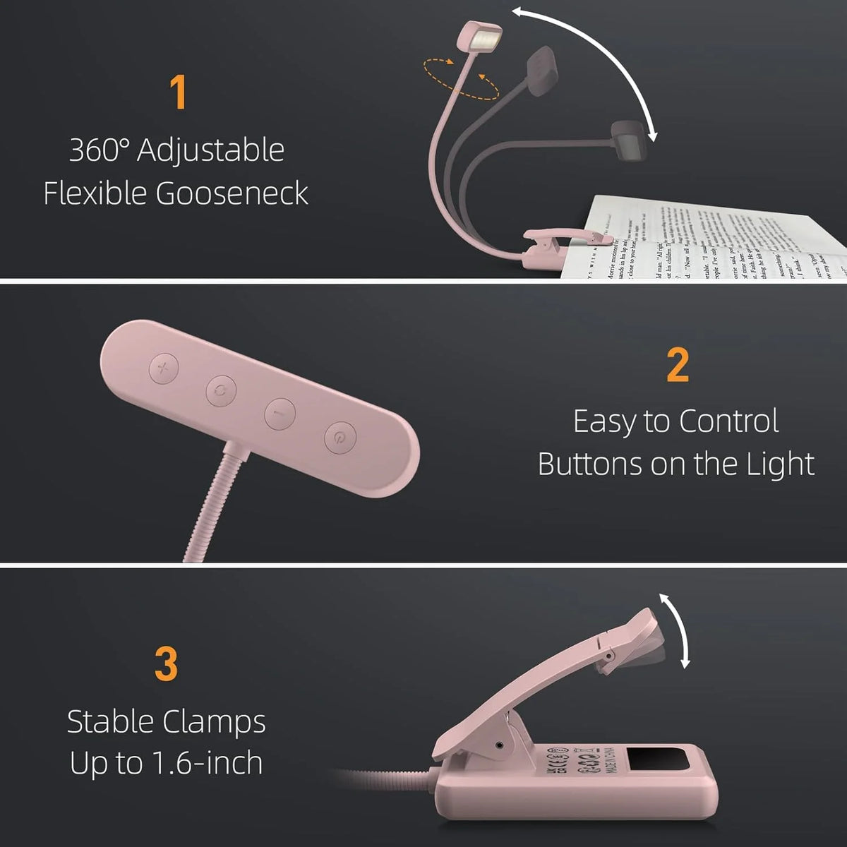 lampe lecture rechargeable rose pinces clipser minimaliste lumière blanc chaude froide usb portable