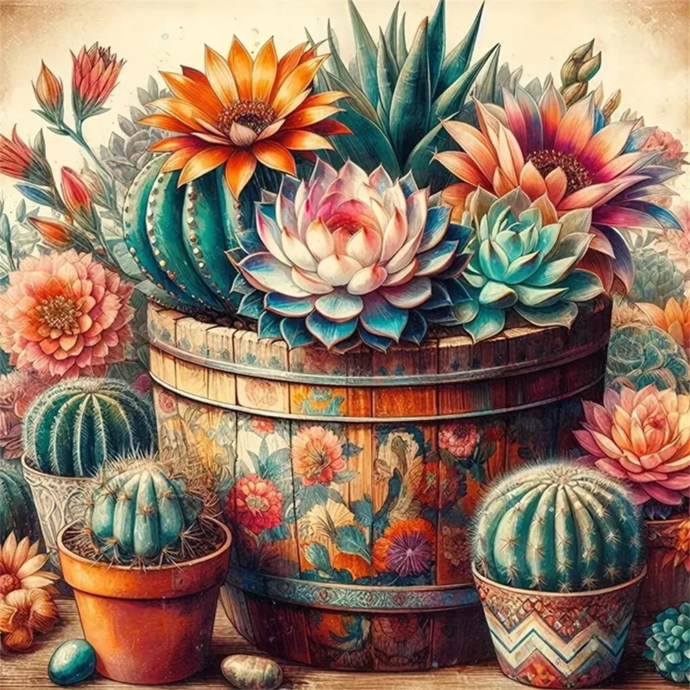 broderie diamant cactus succulentes floral vintage pots bois diamants ronds carrés kit outils adhésif