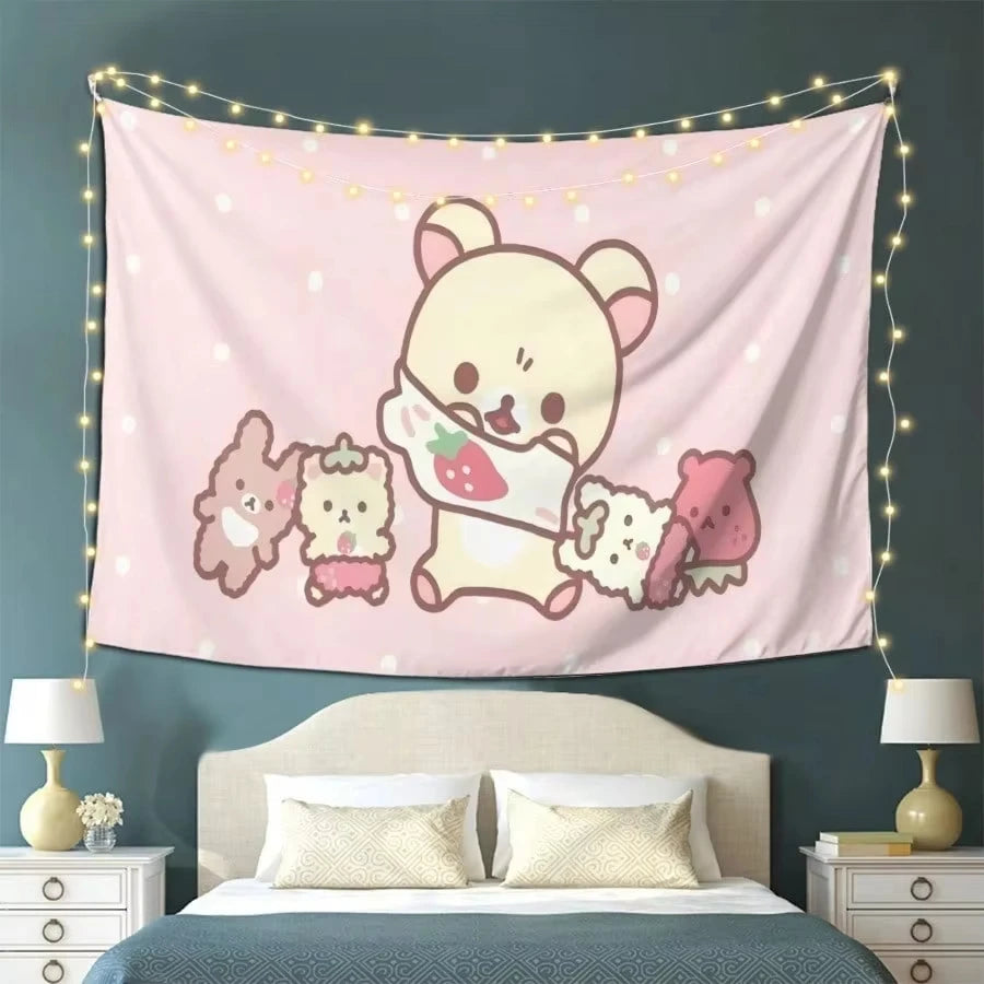 tapisserie murale kawaii ours dessins animés mignons pois roses chambre enfant decoration tissu polyestère