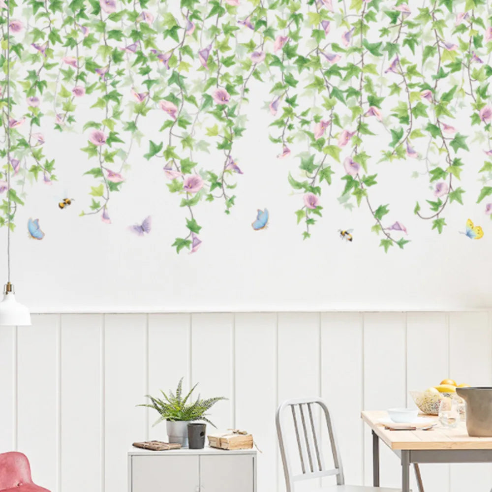 sticker mural floral vigne feuilles fleurs papillons adhésif facile appliquer vert rose blanc naturel