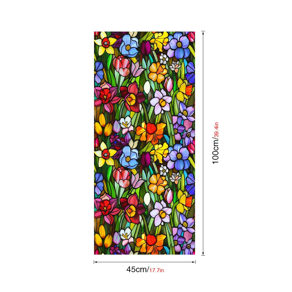 film fenêtre décoratif adhésif fleurs stylisées art deco multicolore blanc rose vert jaune bleu
