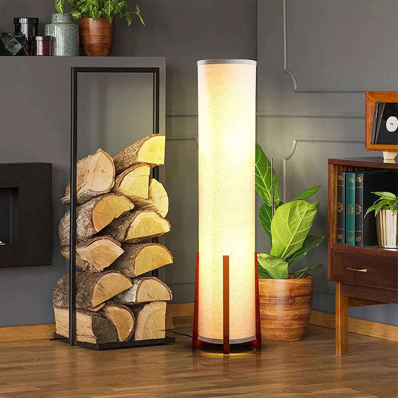 lampe sol moderne toile lin blanc bois foncé LED éclairage intérieur haut bas