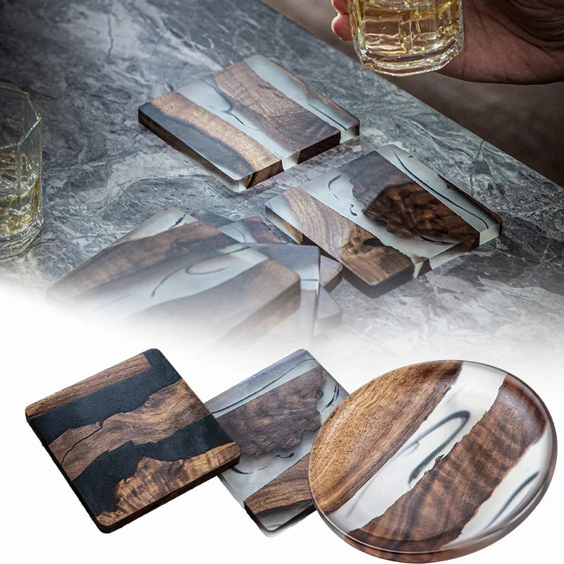 sous verres moderne bois résine transparent marron noir élégants protège meubles original round square
