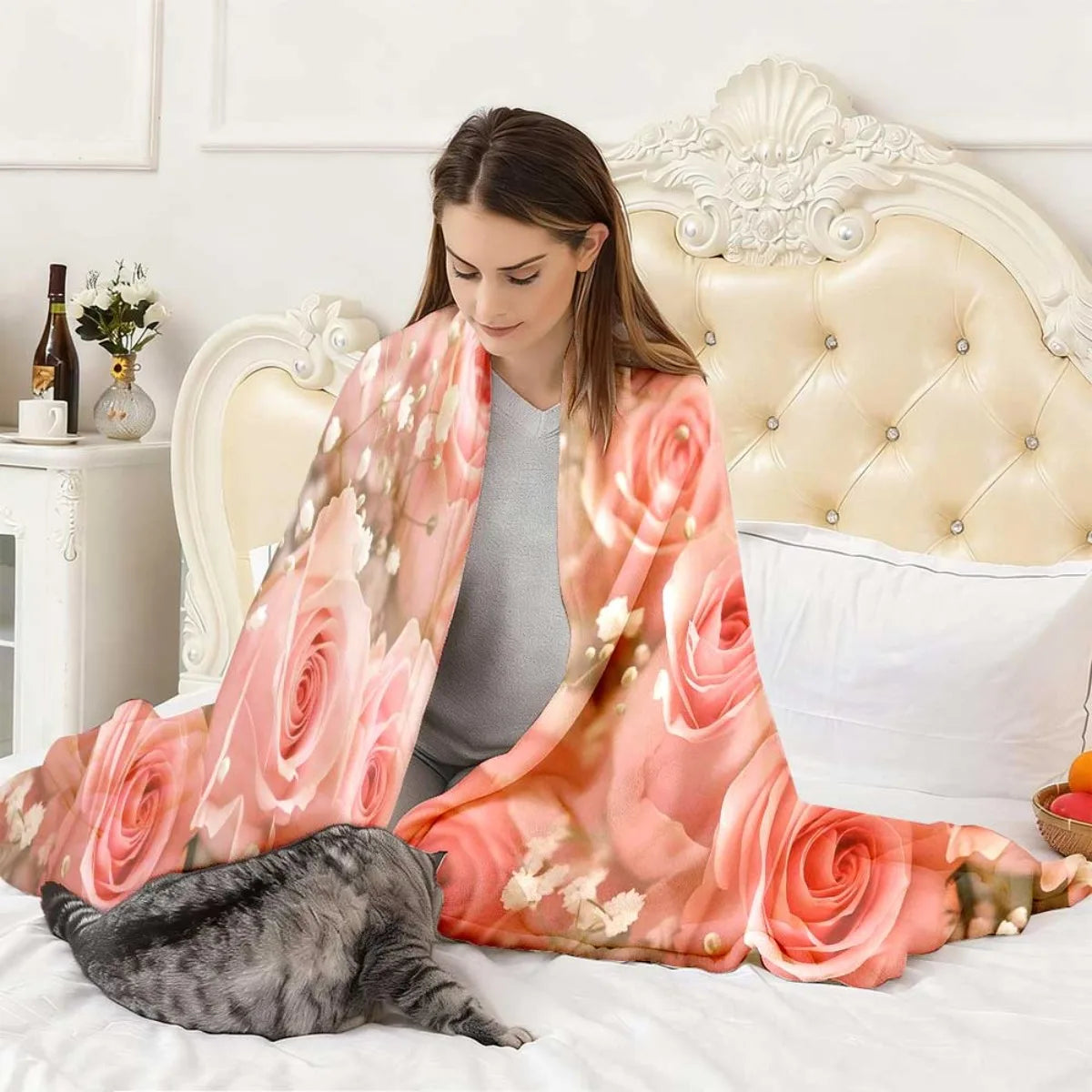 couverture rose imprimé floral fleurs blanches moderne polyester douce 100x130cm 130x150cm 150x200cm opacité fixations