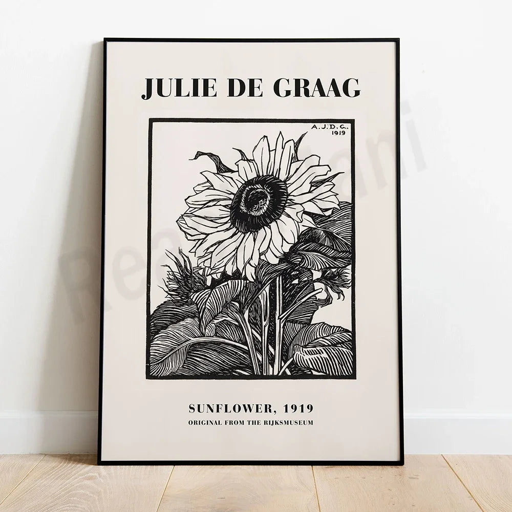 L'image montre un cadre contenant une œuvre d'art représentant un tournesol en noir et blanc, avec le titre "Julie de Graag, Sunflower, 1919".