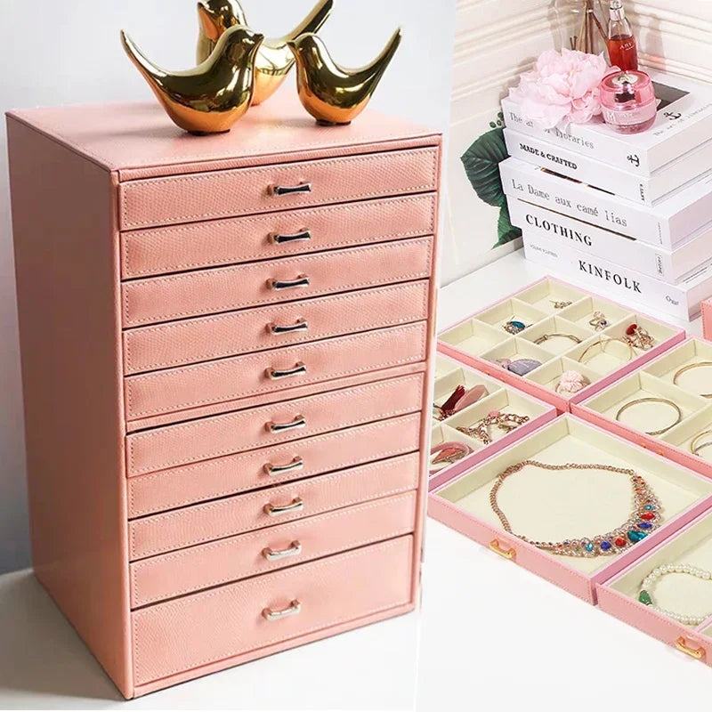 boîte bijoux simili cuir rose poignées dorées velours moderne grande capacité