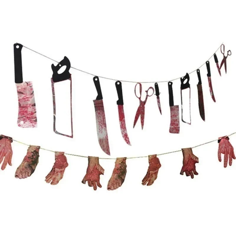 décoration halloween fanion sang rouge noir scies couteaux mains pieds clips festive