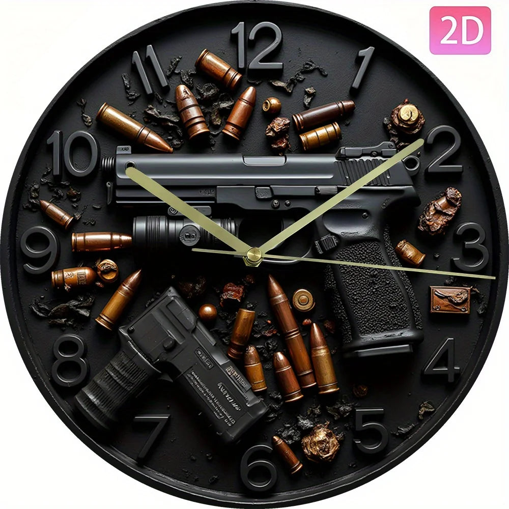 horloge murale thème militaire pistolets balles bois noir bronze quartz