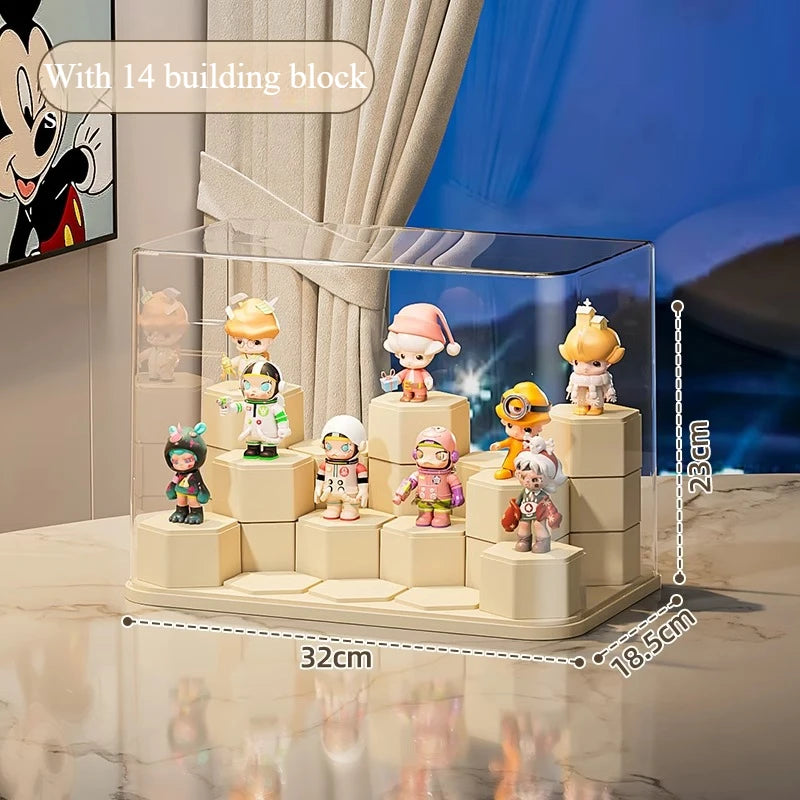 présentoir transparent modulaire solo salon respectueux environnement moderne cartoon figurines colorées hexagonal