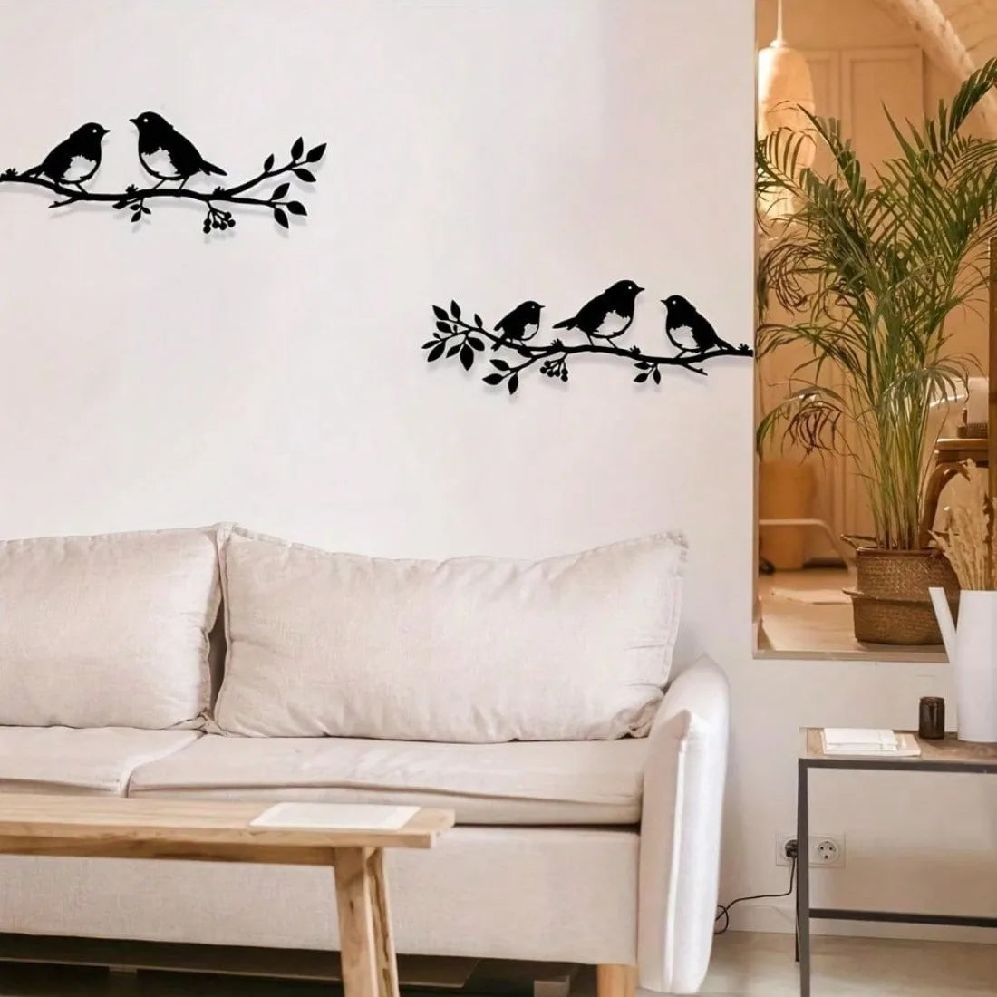 décoration murale métal oiseaux feuilles naturelle rustique fixée vis mur noir