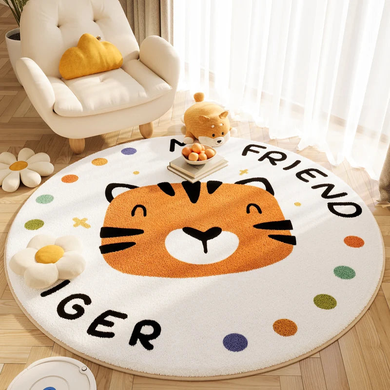 tapis rond décoratif peluche animaux chat tigre girafe chambre salon intérieur doux confortable beige