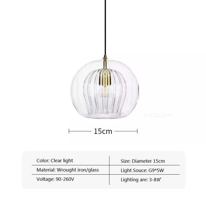 suspension lumineuse moderne cognac clair gris transparent rayures verticales ampoule g9 5w chaîne métallique