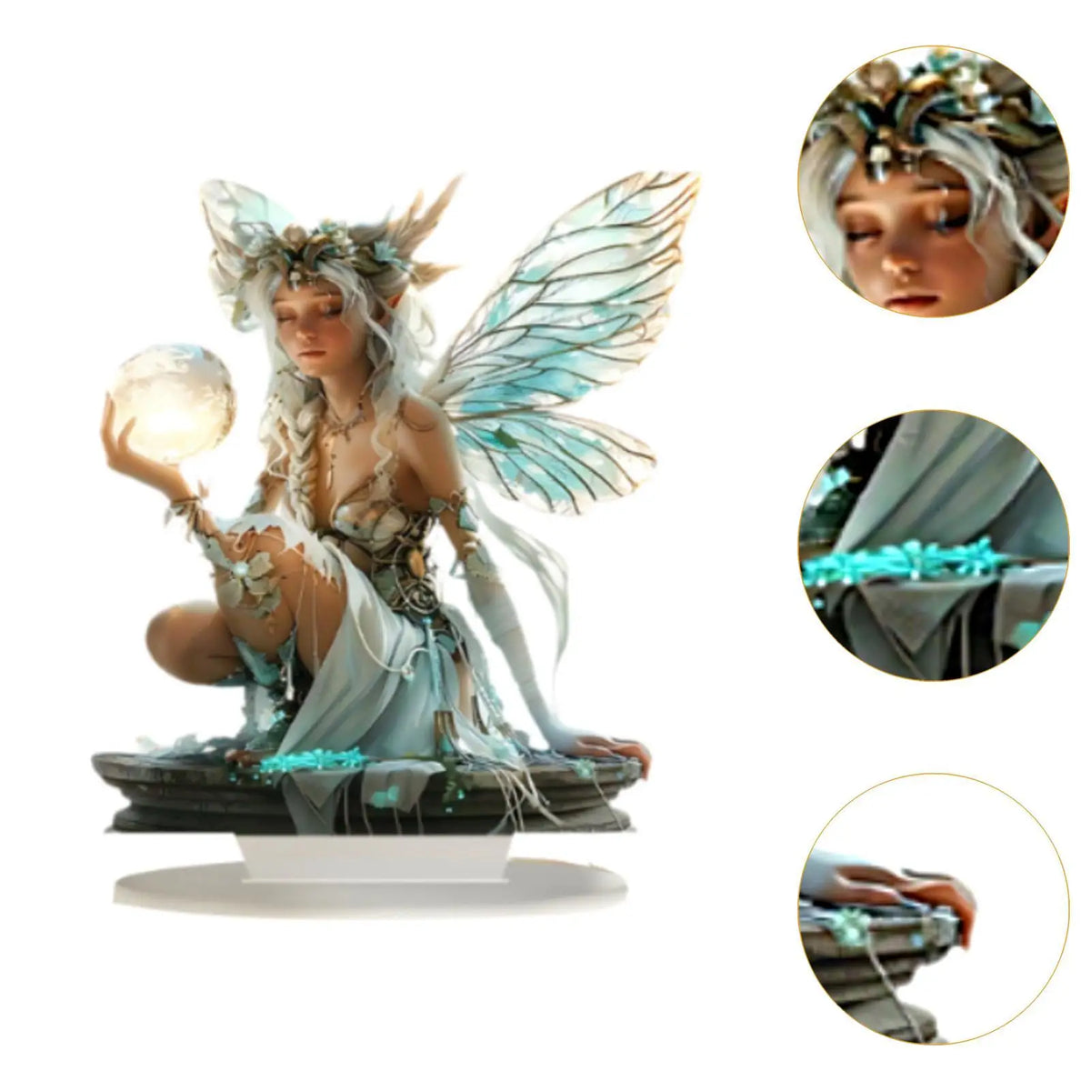 statue elfe féerique décoration table transparente ailes lumineuses motifs végétaux base blanche chambre