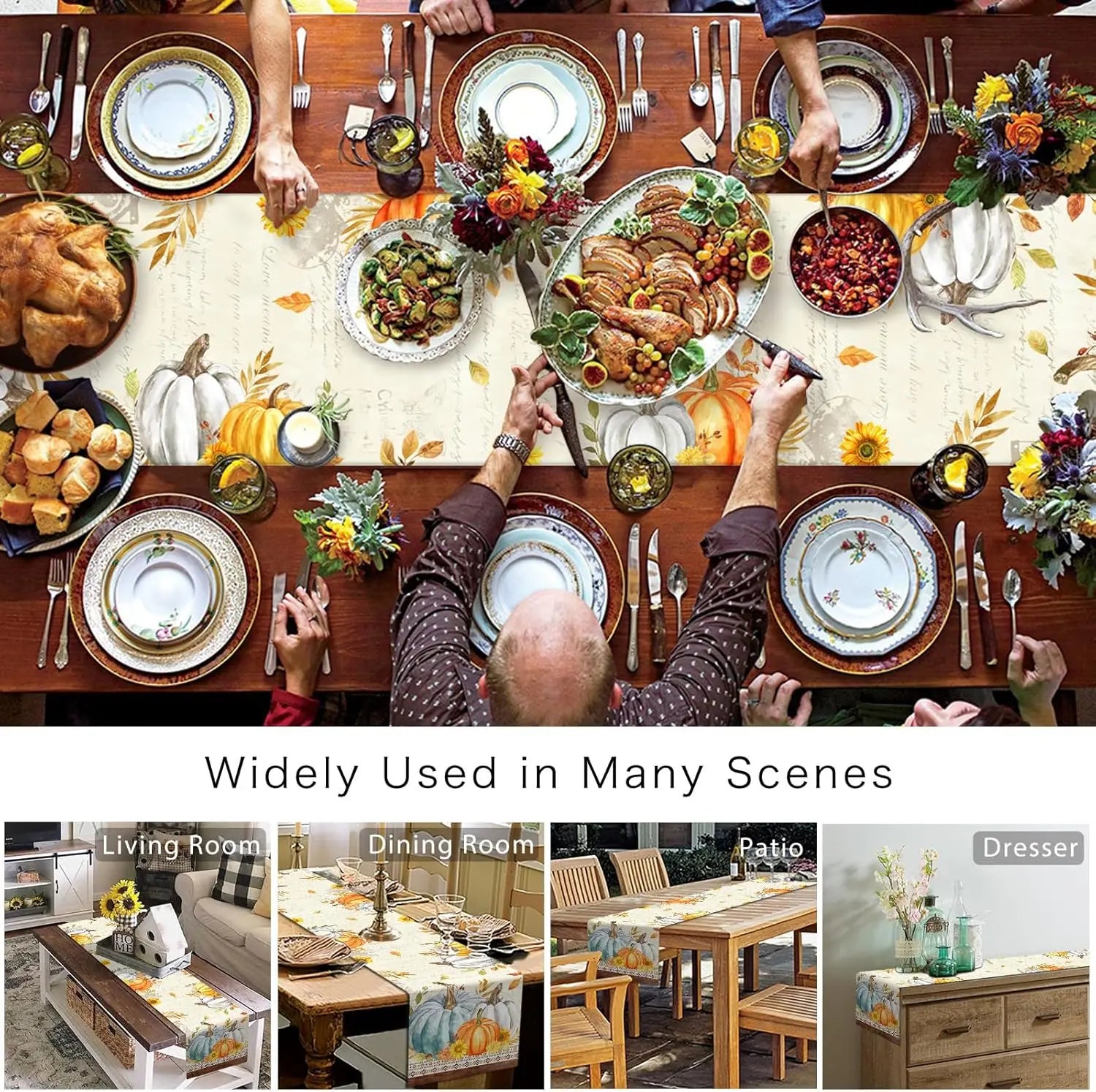 Table richement décorée pour un repas d'automne, avec de délicieux plats, des fleurs et des accessoires de saison.