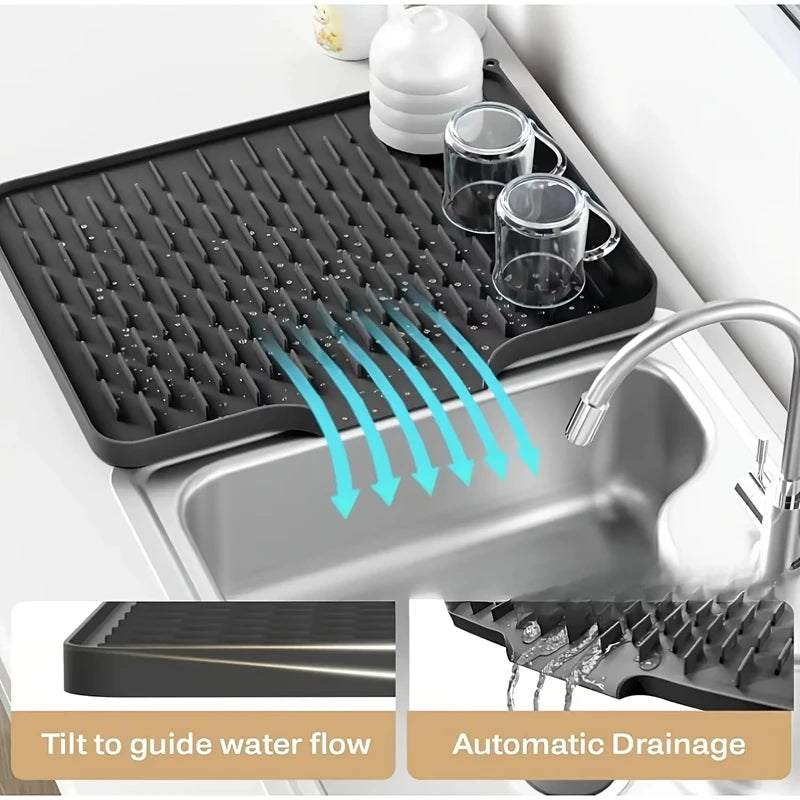 tapis séchage vaisselle silicone noir rayures diagonales moderne facile nettoyer comptoir évier