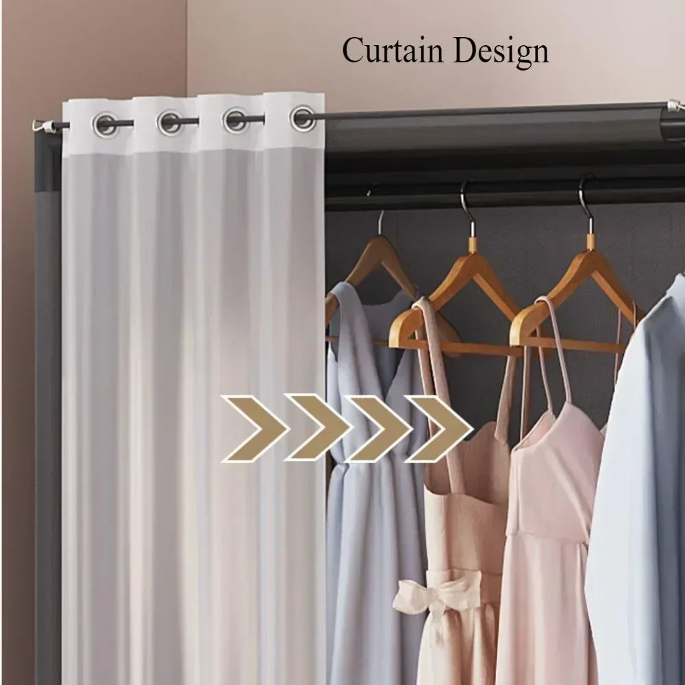 armoire vêtements moderne blanche rangées tiroirs compartiments rideau paires vêtements suspendus panier ours tasse