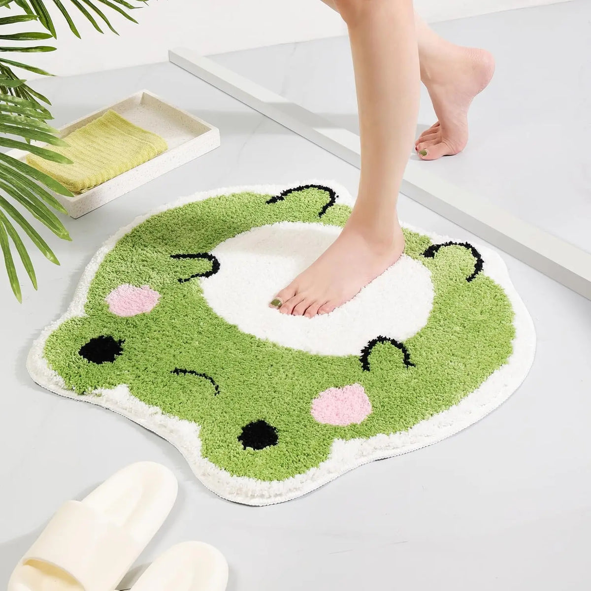tapis bain antidérapant polyester grenouille mignonne vert rose salle bain décorative shaggy lavable machine