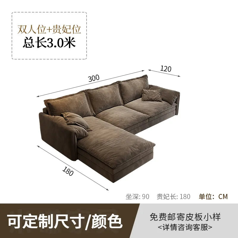 canapé d'angle marron clair velours mat moderne bois largeur 180cm longueur 360cm