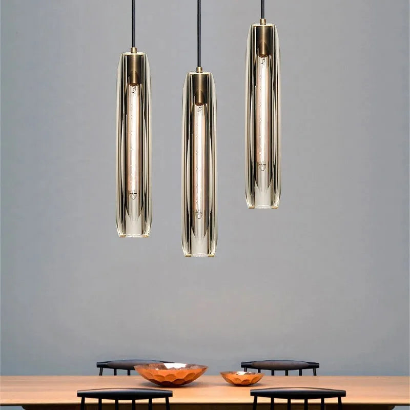 luminaire suspendu moderne verre transparent or métal cuivre chambre étude minimaliste