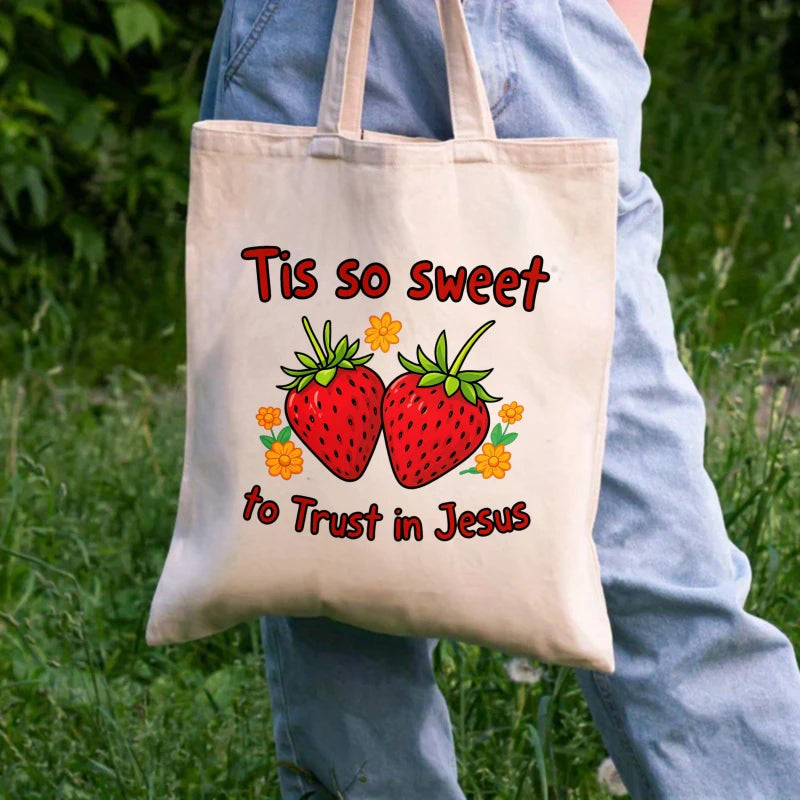 sac main toile beige fraises fleurs texte jésus poignées réutilisable écologique imprimé tridimensionnel