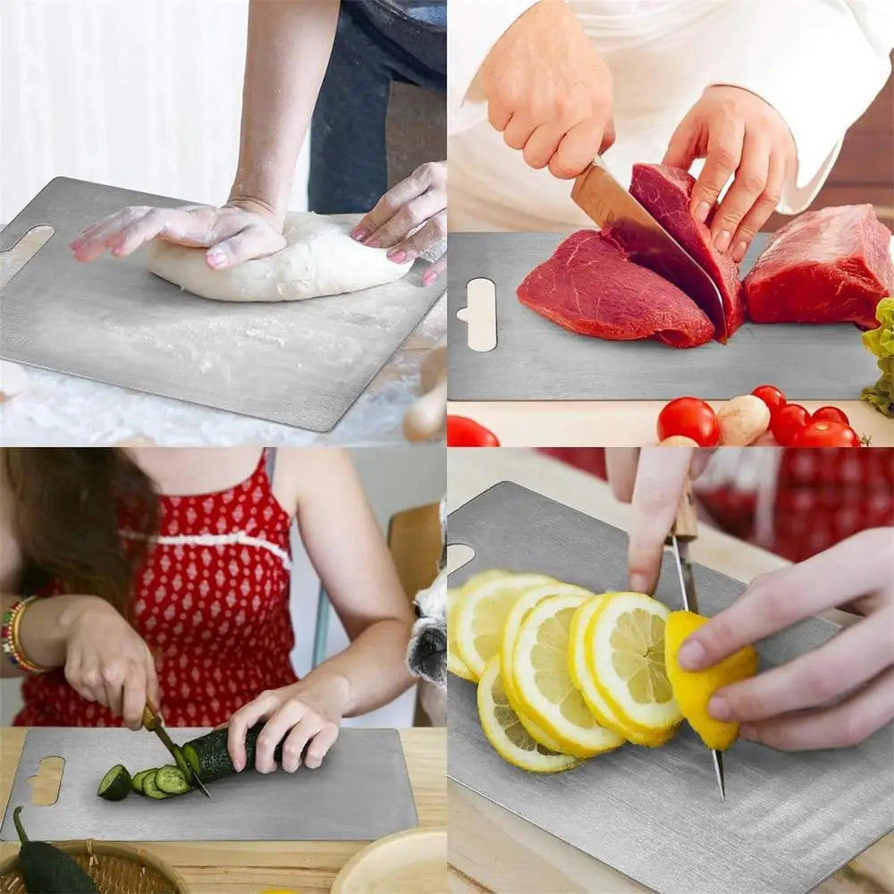 planche découpe acier inoxydable double face durable alimentaire moderne poignée intégrée 46x30cm