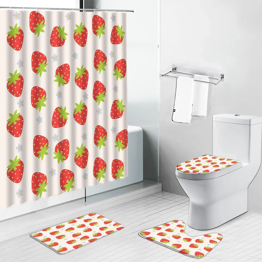 Rideau de douche et ensemble de tapis de bain avec motif de fraises rouges, idéal pour ajouter une touche de fraîcheur et de couleur à votre salle de bain. Comprend un rideau vibrant et des tapis assortis pour un décor harmonieux. Parfait pour une décoration de salle de bain accueillante et originale.