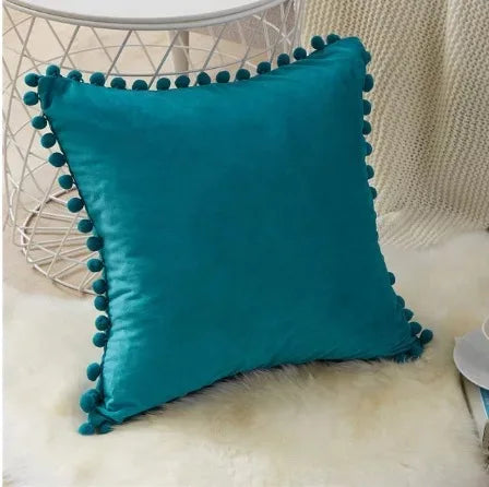 taies d'oreiller velours moderne gris jaune rose bleu blanc pompons non toxique polyester 45x45cm