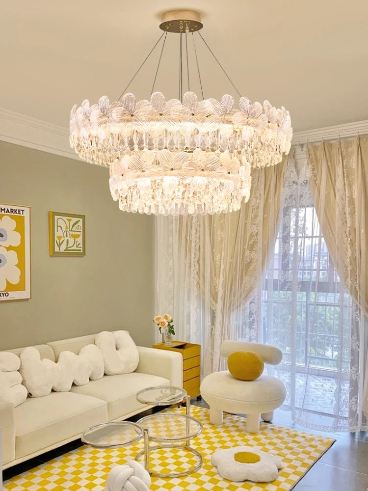 lustre suspension moderne fleurs cristal doré luminaire salon salon luxe intérieur élégant rond