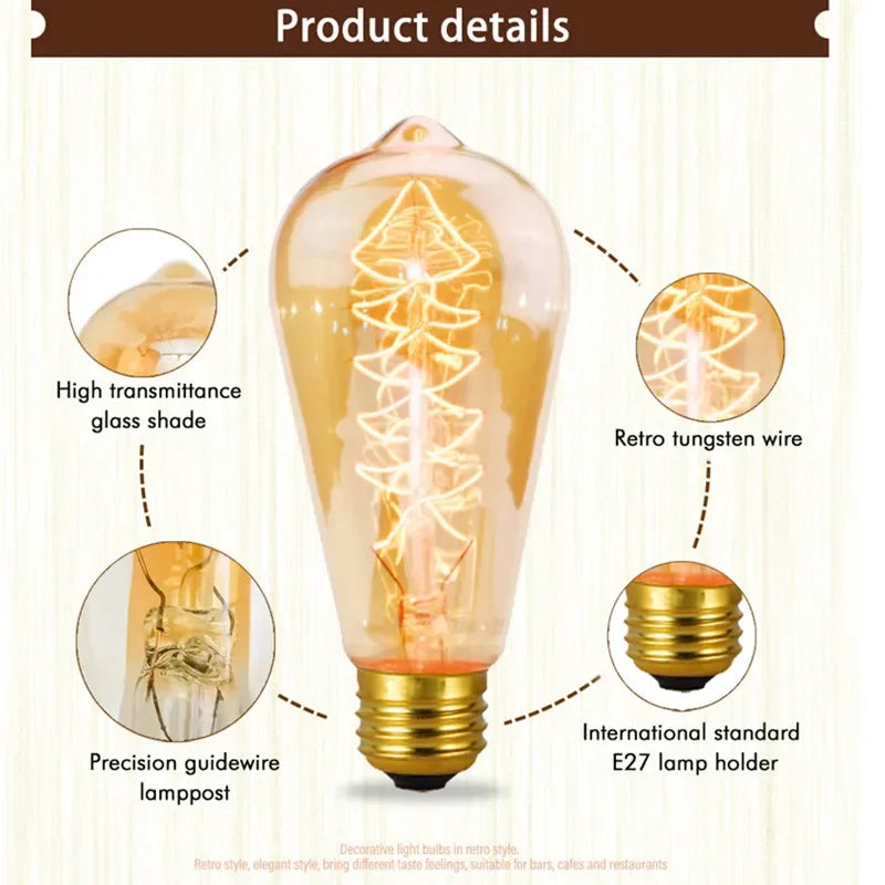 Ampoules Edison vintage filaments spirales dorées transparentes E27 250 lumens 30000h
