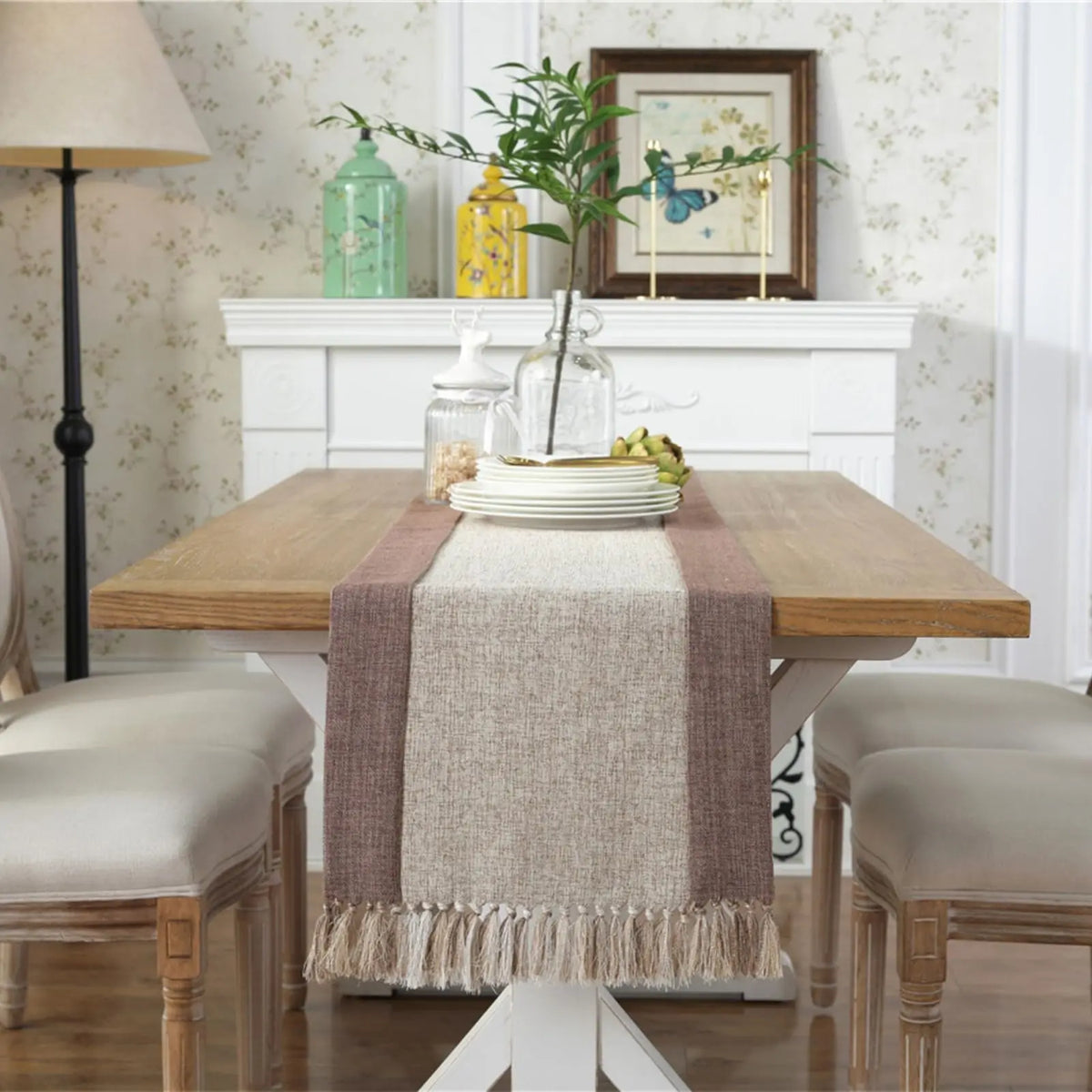 table cheminement lin naturel patchwork beige marron classique maison festif deco