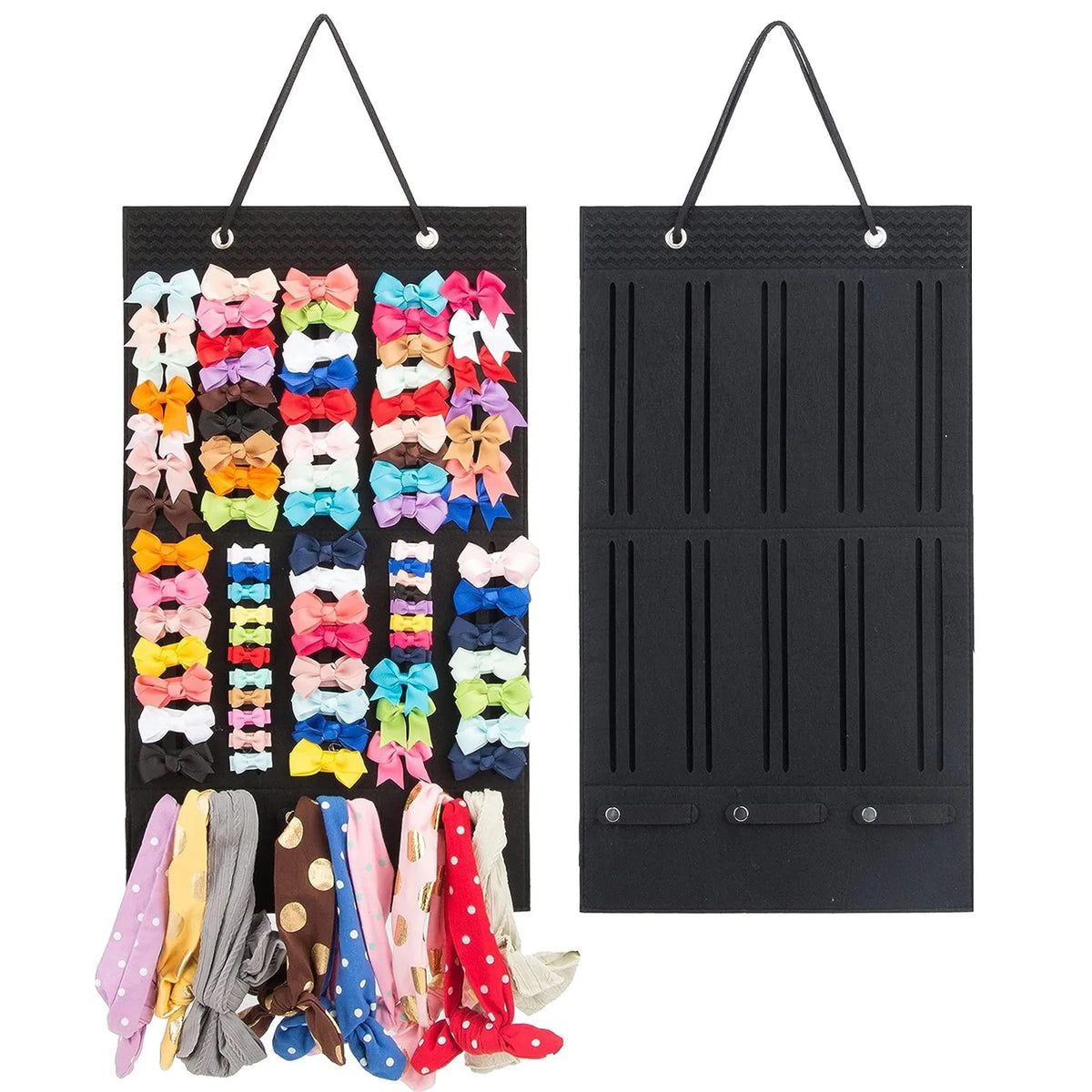 organisateur suspendu bows rangement tête rubans headbands rose noir tissu texturé vertical compartments