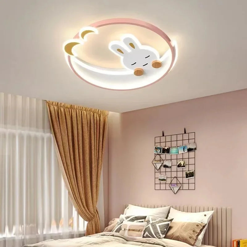 lampe moderne enfantine dessin animé lapin rose blanc yeux fermés oreilles pointues