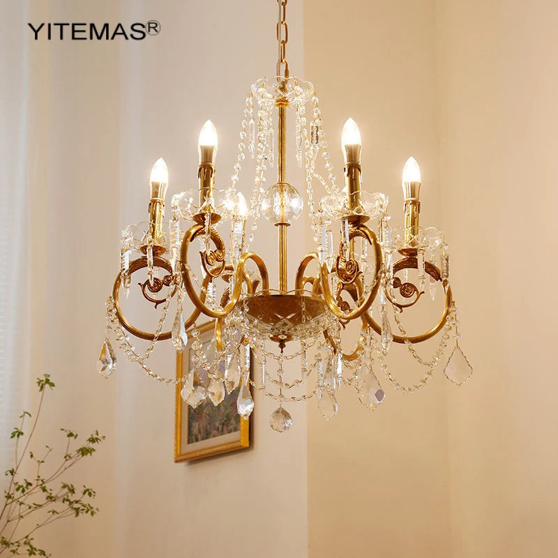 lustre suspendu doré ornements floraux cristal transparent classique ampoules chaîne pendeloques