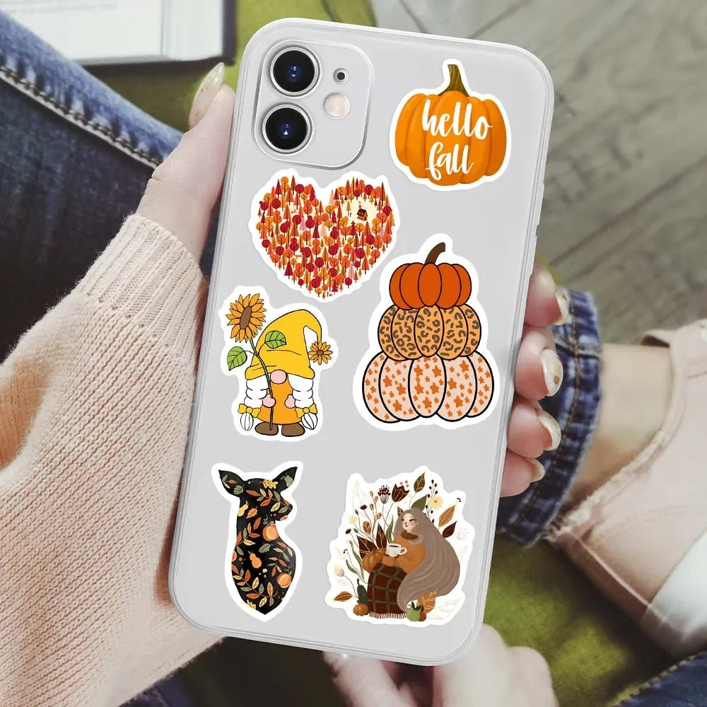 stickers automne orange jaune rouge feuilles citrouilles gnomes animaux illustration cartoon adhésifs mignons vintage