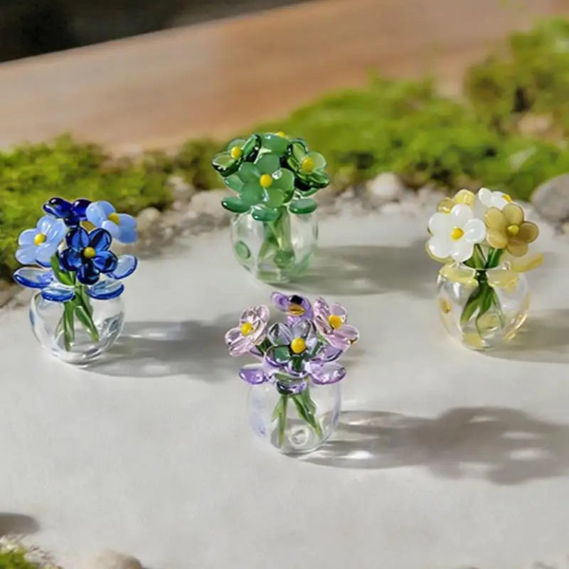 bouquet fleurs artificielles oiseau bleu vert jaune blanc verre transparent miniature décoration maison vase