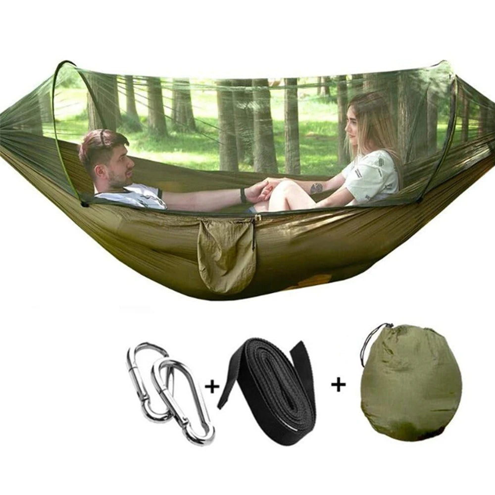 hamac vert olive pratique moustiquaire cordelettes carabiners sac rangementextérieur léger camping