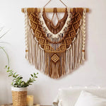 tapisserie macramé bohème coton beige crocheté franges bois décoration murale